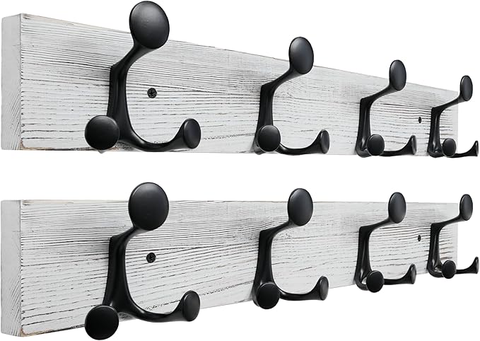 SKOLOO 24-Inch Wood Coat Rack Wall Mount with 4 Triple Hooks - Ideal for Family Entrances, Classrooms, and Pet Supplies Storage - Perfect Coat Hooks for Wall,Distressed White Wash, Pack of 2
