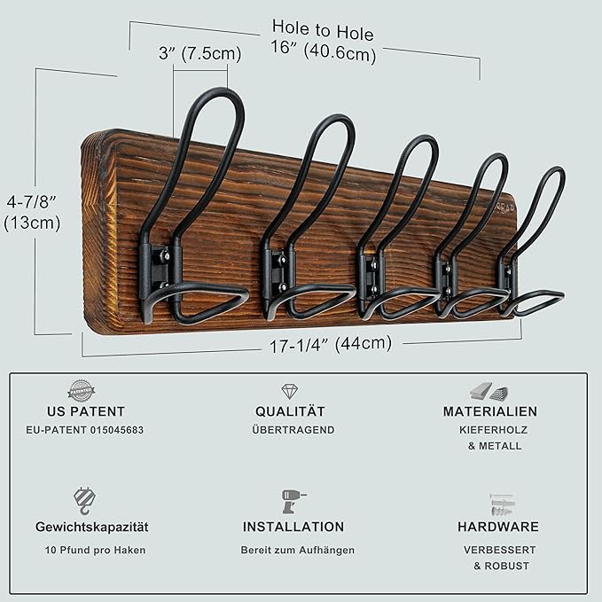Dseap Coat Rack Wall Mounted - Heavy Duty Farmhouse Rustic Wall Coat Hanger With 5 Wire Hooks for Clothes Hat Jacket Towel, RusticWire, G25A, Rustic Brown & Black