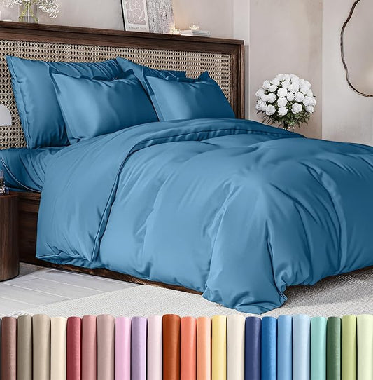 CGK Unlimited Duvet Cover Cal King Size Set - Extra Soft Cal King Size Duvet Cover 104 x 98 with 2 Pillow Shams - Hotel Quality w/Zipper Closures & Ties - Bedding and Bed Linens Set (Denim Blue)