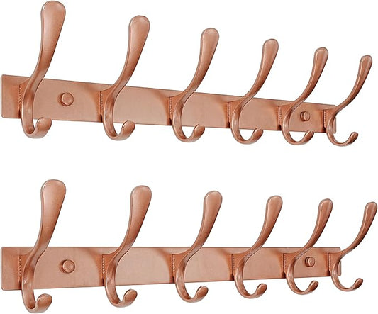 SKOLOO Coat Rack Wall Mounted - 6 Hooks, Pack of 2, Heavy Duty, Stainless Steel, Metal Wall Hanger, Sturdy Coat Hooks for Hanging Coats, Jacket, Clothes, Hat, Matte Rose Gold
