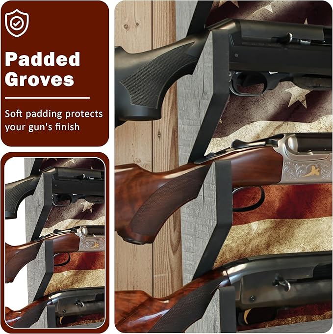 Rush Creek Creations Gun Rack, Wall Mount Gun Rack for Rifles or Shotguns, Patriotic American Flag Design, Additional Storage for Gun Accessories