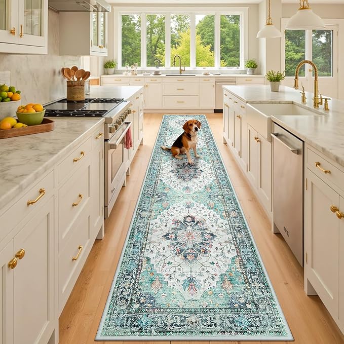 RELEANY Area Rugs 2'x10' Washable Non-Slip, Floral Vintage Distress Print Pattern Medallion Carpet for Living Room Bedroom Dining Room, Green Navy Blue White Red Teal Colorful
