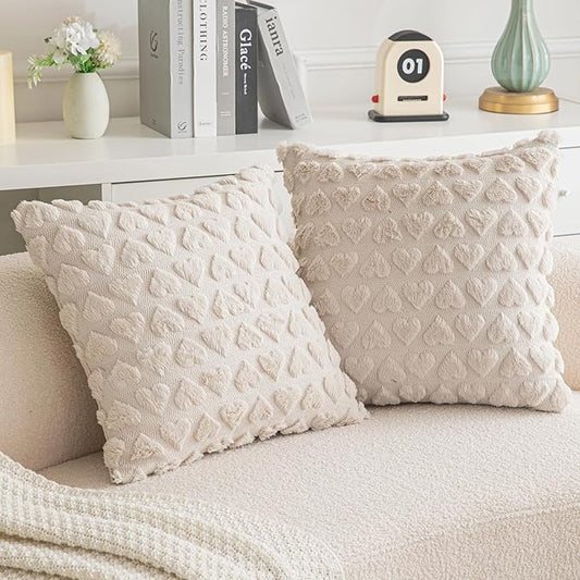 AQOTHES Set of 2 Heart Love Cute Beige Decorative Valentines Throw Pillow Covers 18x18, Soft Plush Faux Fur Pillow Covers for Couch Sofa Home Valentines Day Decoration
