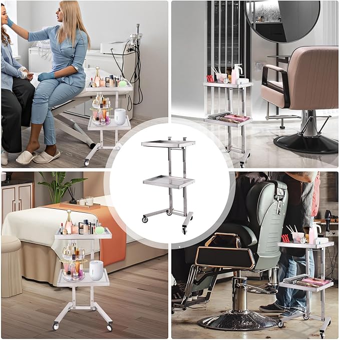 2-Tray Metal Rolling Cart, Stainless Steel Salon Tray Trolley, Foldable Utility Carts Quiet Lockable Wheels, Salon Trolley for Beauty Spa Esthetician dentals Tools, Cavitation Machine, Silver
