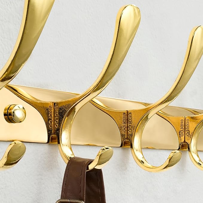 SKOLOO Coat Rack Wall Mounted - 6 Hooks, Pack of 2, Heavy Duty, Stainless Steel, Metal Wall Hangers, Sturdy Coat Hooks for Hanging Coats, Jacket, Clothes, Hat, Bright Gold