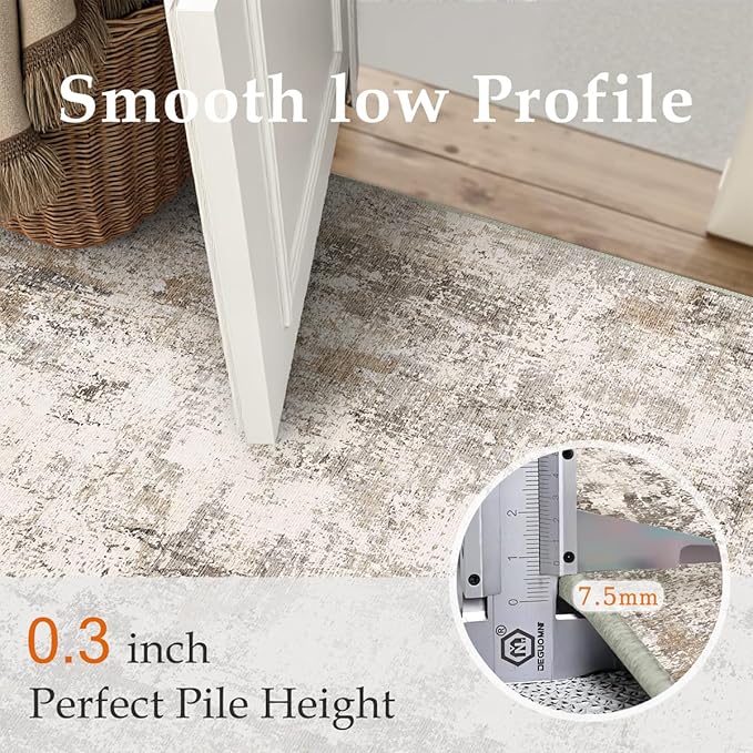 WondRg 3x7 Washable Runner Rug Brown Grey Abstract Hallway Kitchen Throw Rug Neutral Modern Non Slip Soft Low Pile Carpet for Bathroom Laundry Bedroom Living Room