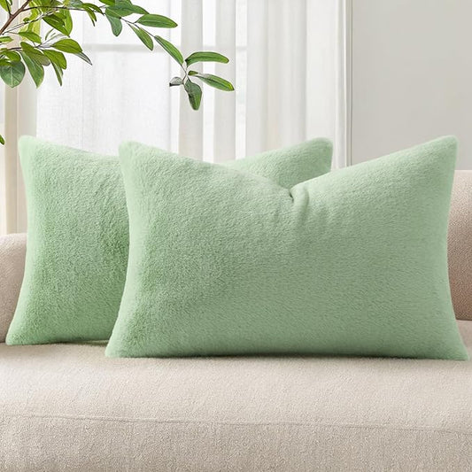 Pallene Faux Fur Plush Lumbar Spring Throw Pillow Covers 12x20 Set of 2, Soft Fluffy Couch Pillow Covers for Living Room, Sage Green