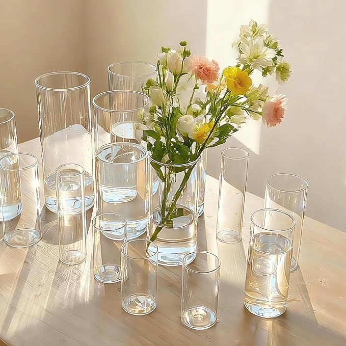 Cylinder Glass Bud Vases Set of 15 Clear Flower Vase for Centerpieces Shelf, Modern Small Vases for Living Room Bedroom Office Home, Decor for Wedding House Warming Party