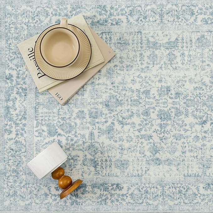 PureCozy Blue Area Rug 6x9 Machine Washable Vintage Living Room Distressed Non Slip Carpet Traditional Indoor Bedroom Retro Floral Accent Throw Large Rug for Office Kitchen Dining Room