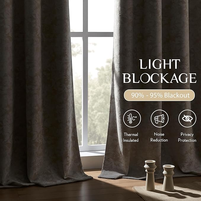 Beauoop Beige Floral Jacquard Blackout Curtains 90 Inches Long 2 Panels for Bedroom Living Room Taupe Flower Chenille Room Darkening Thermal Insulated Soundproof Grommet Window Treatments Drapes 52x90