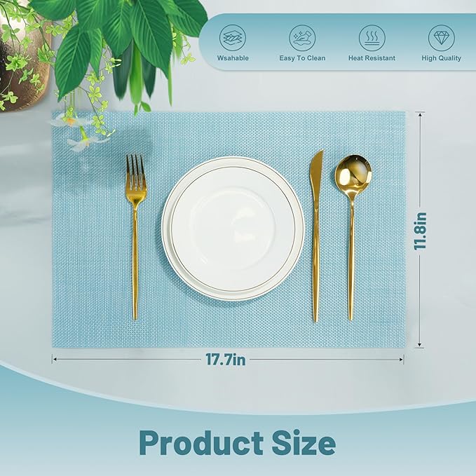 Placemats Set of 12，Non-Slip PVC Weave Table Mats Easy to Clean，Heat Resistant Place Mats for Kitchen Dining Table Decoration Indoor Outdoor，Blue