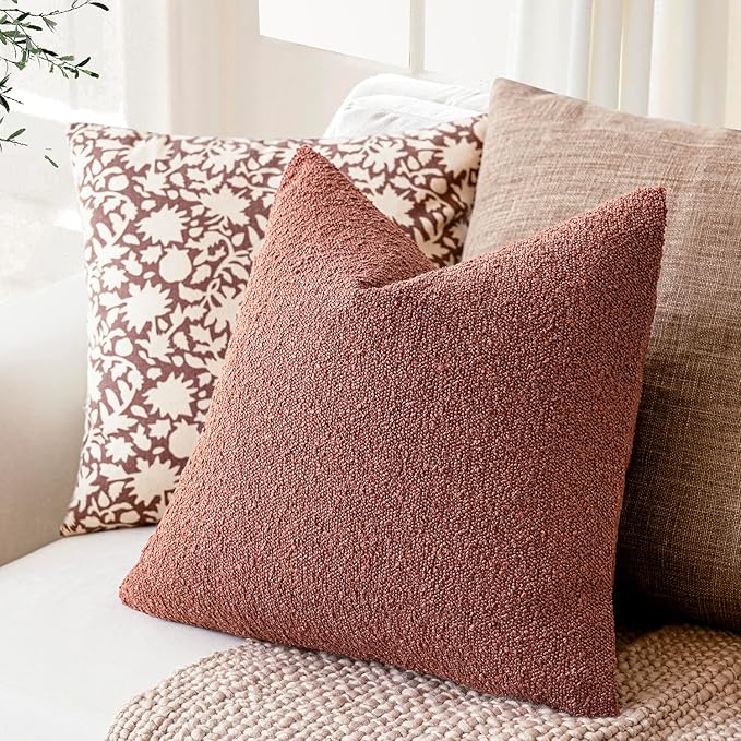Foindtower Decorative Textured Boucle Throw Pillow Covers Accent Solid Pillow Cases Neutral Soft Cozy Couch Cushion Case for Chair Sofa Bedroom Living Room Home Decor 16x16 Inch,1PC,Orange Rust Red