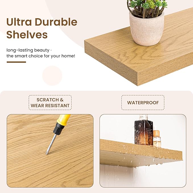 48in Floating Shelves for Wall, 48"W x 9.25"D x 1.25"H, 2 Pack Long Wall Mounted Engineered Wood Shelves with Invisible Brackets for Living Room, Bedroom, Bathroom, Kitchen Decor and Storage, Oak