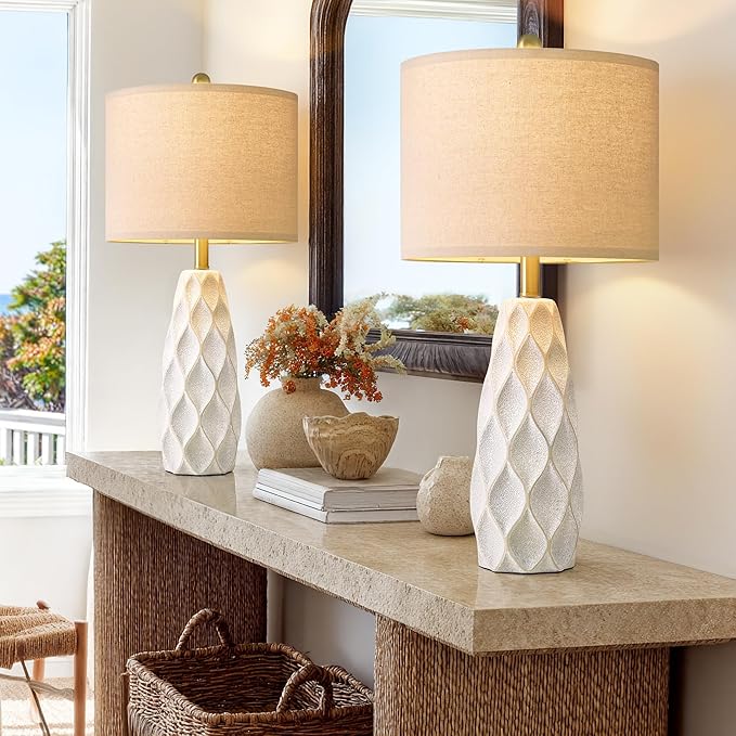 27.5" Ceramic Table Lamps for Living Room Bedroom Lamps Set of 2 Modern Boho Bedside Lamps Night Stands Farmhouse Vintage Large Nightstand Lamp Reading Light Home Office Dorm Desk Deco Gifts, White