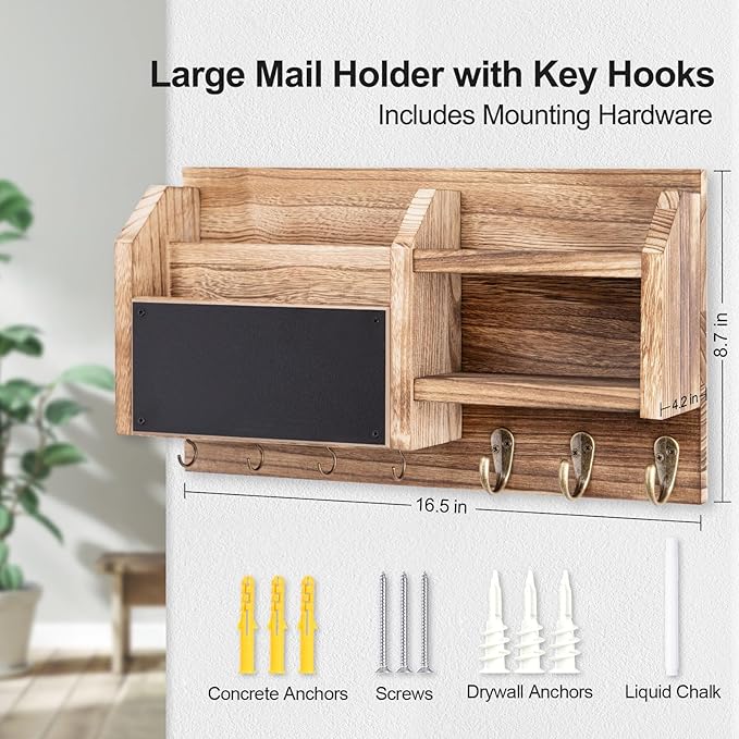 Mail and Key Holder – Wall Mount Key Hanger with Shelf and 7 Metal Hooks – Decorative Natural Paulownia Wood Entryway Organizer with Mounting Hardware (16.5”W x 8.7”H x 3.5”D) (Wood)