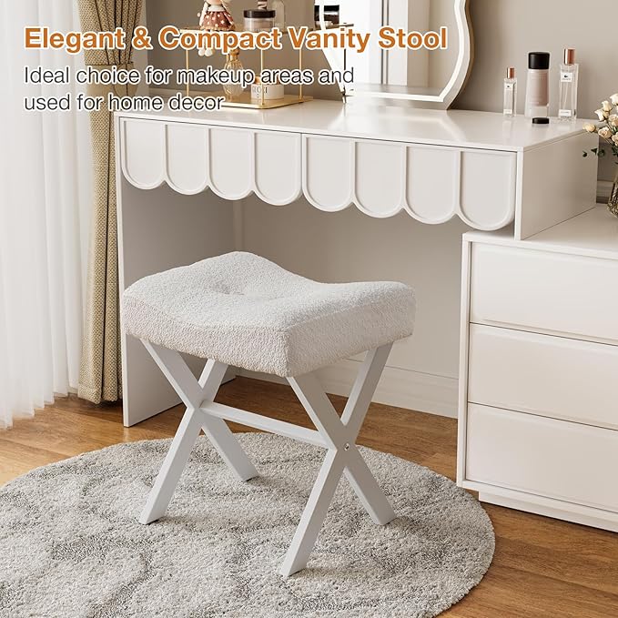 18-Inch Vanity Stool Chair, Vanity Bench with Metal X-Legs, Ottoman Accent Stool with Breathable and Soft Boucle Fabric Saddle Seat, Beige