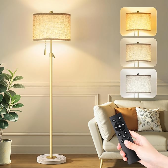FUNNYBEHOM Modern Gold Floor Lamp for Living Room, Floor Lamp with Remote Control, Adjustable Height Standing Lamp with Marble Base & Linen Shade, Dimmable Tall Floor Light for Bedroom, Reading