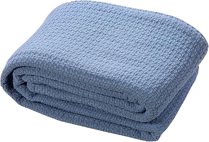 HILLFAIR 100% Combed Cotton Blanket– California King Size Bed Blanket – Warm Soft All Season Breathable Blankets – 102 x 108 inch Extra Large Oversized California King Cotton Blankets for Bed- Blue