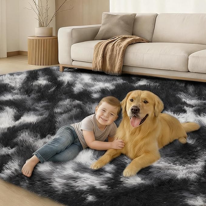 Mtandyx 5x7 Plush Fluffy Area Rugs, Large Soft Carpet, Upgraded Non-Slip Rectangular Rug for Living Room, Bedroom, Kids Room, Dorm, Modern Home Decor Aesthetic,Black White Grey.