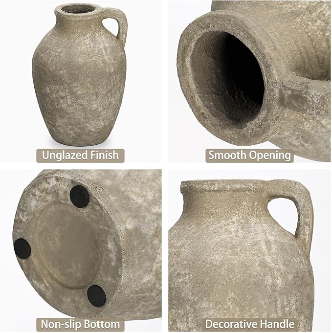 Ceramic Rustic Farmhouse Vase, 9 inch Ceramic Oatmeal Flower Vase for Centerpieces Pampas Grass Pottery Jug with Handle Boho Modern Rustic Farmhouse Decor for Living Room Kitchen Dinner Table Shelves