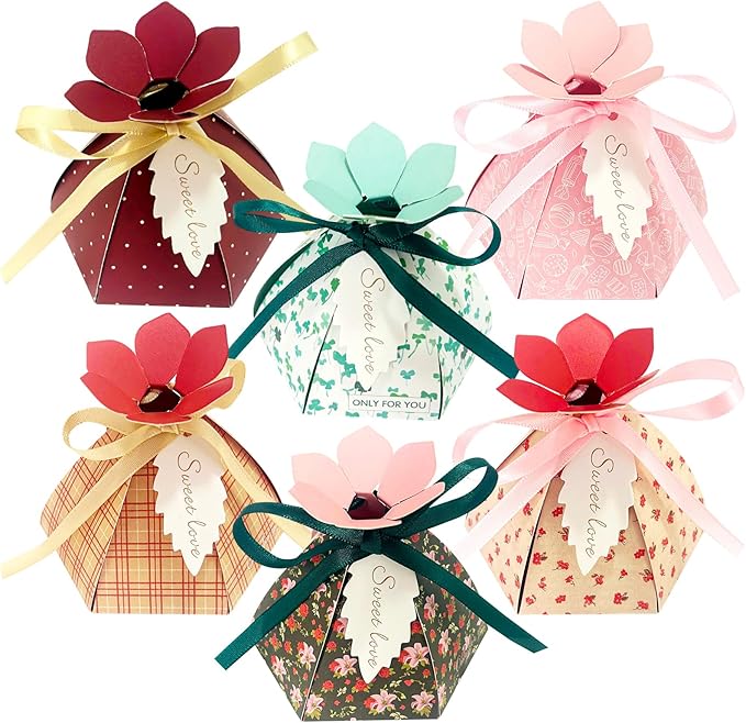 48Pcs Party Favor Candy Box, Petal Shaped Gift Candy Box with Tags and Ribbons for Flower Themed Party, Bridal Shower, Wedding Decorations, Candy Table Decorations