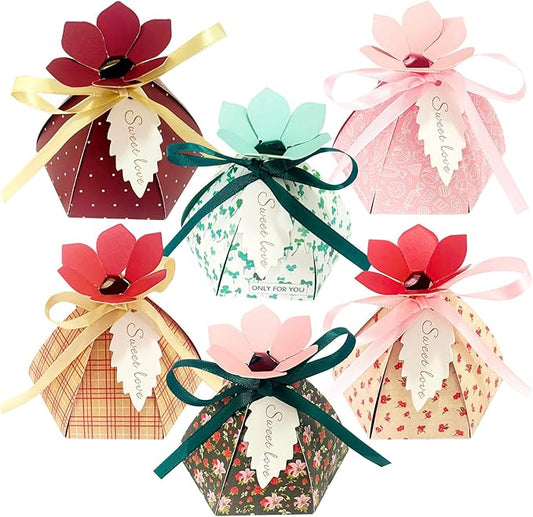 48Pcs Party Favor Candy Box, Petal Shaped Gift Candy Box with Tags and Ribbons for Flower Themed Party, Bridal Shower, Wedding Decorations, Candy Table Decorations