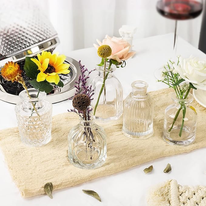 Bud Vases in Bulk Small Glass Vase Tiny Set of 5 EylKoi Different Shape Vintage White Crystalline Material Mini Clear Small for Flowers Cute Different Shape for Centerpiece Wedding Table Home