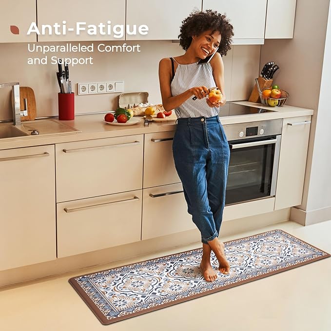 FRESHMINT Anti Fatigue Kitchen Mats for Floor 2 Piece Set, Waterproof & Non-Skid Moroccan Tile Kitchen Rugs, Cushioned Kitchen Mat for Standing Washable Comfort Desk Kitchen Runners, 17x30+17x47