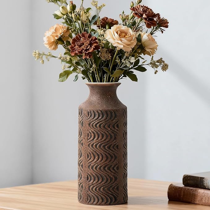 Rustic Vase - Ceramic Decorative Vases - 11 in Tall Vintage Bud vase - Flower Vases for Home Decor - Chirstmas vases - Tabletop Red Vases for Centerpieces - Vintage Style Farmhouse Vase by Lyeec