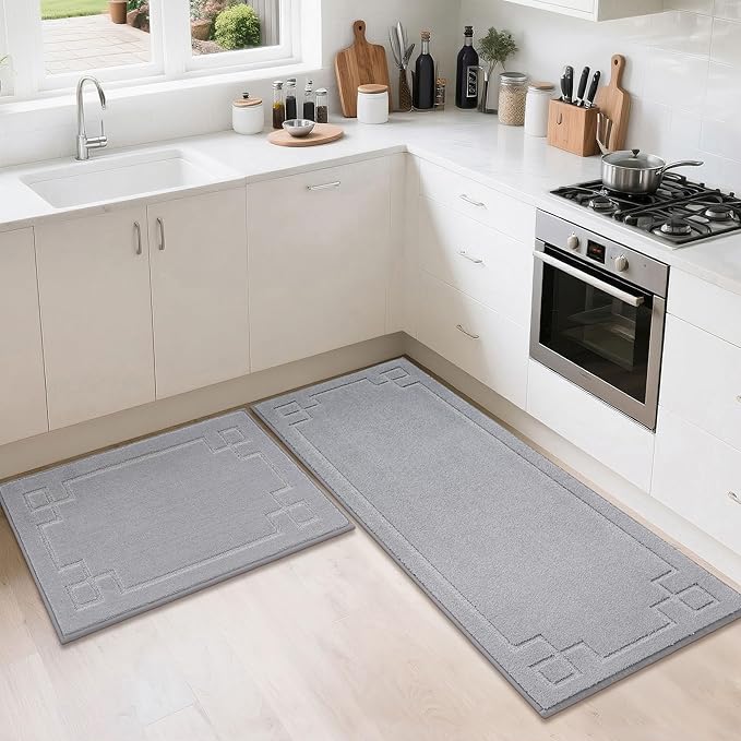 BEQHAUSE Kitchen Rugs Non-Slip Washable [2 PCS], Machine Washable Kitchen Mats Absorbent Soft Kitchen Runner Rugs for Floor,Sink,Hallway,Laundry,20”x32”+20”x48”, Grey