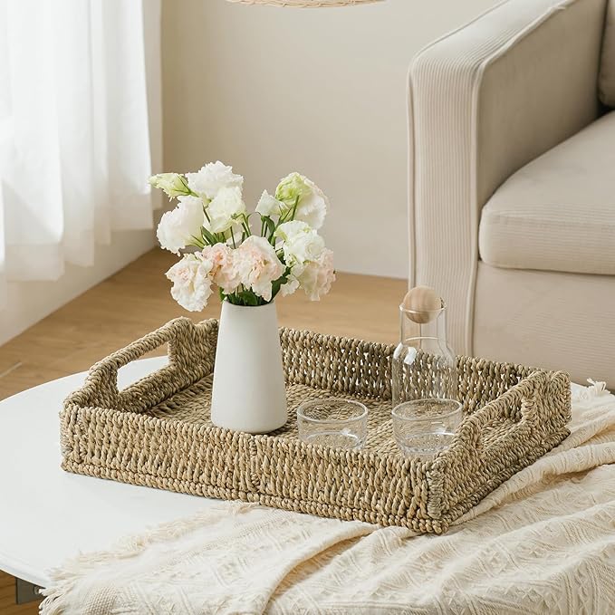 Wicker Scalloped Serving Tray with Handles - Seagrass Handwoven Trays,Water Hyacinth Tray for Home Decor and Living Room, Dining Table, Bathroom Organizing, 17.3" L x 13.4" W x 3.6" H