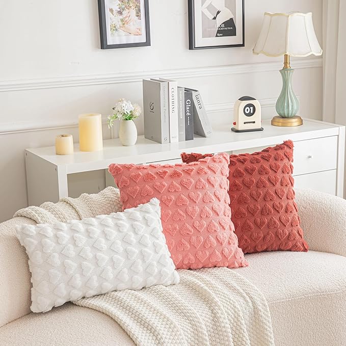 AQOTHES Set of 2 Heart Love Cute White Decorative Valentines Throw Pillow Covers 12x20, Soft Plush Faux Fur Pillow Covers for Couch Sofa Home Valentines Day Decoration