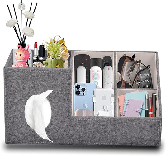 Plus Size Tissue Box Cover-Square Linen Tissue Cover with Side Storage and Tray,Modern Makeup Organizer,Leather Tissue Holder Decorative Cube Organizer for Living Room Vanity NightStand Office,Grey