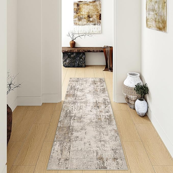 WondRg 2x10 Washable Runner Rug Brown Grey Abstract Hallway Kitchen Throw Rug Neutral Modern Non Slip Soft Low Pile Carpet for Bathroom Laundry Bedroom Living Room