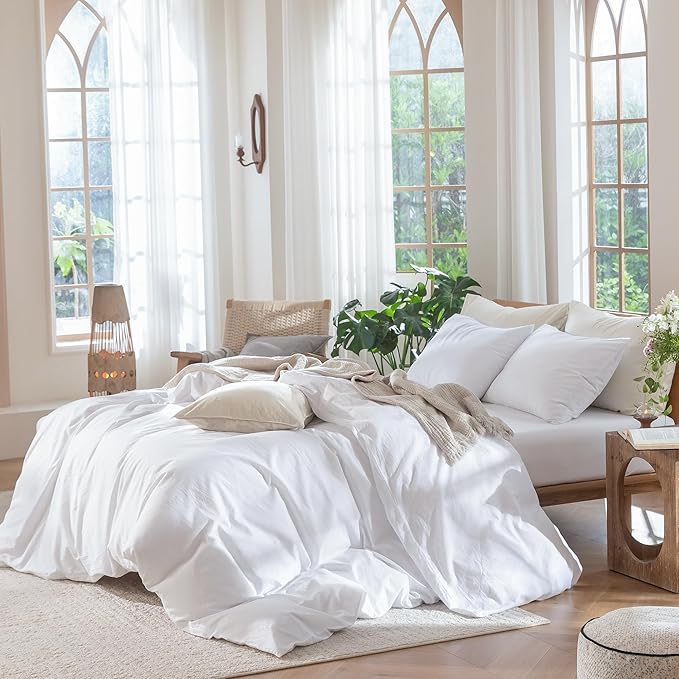 MooMee Bedding Duvet Cover Set 100% Washed Cotton Linen Like Textured Breathable Durable Soft Comfy (Solid Bright White, Super Queen 90"x98")
