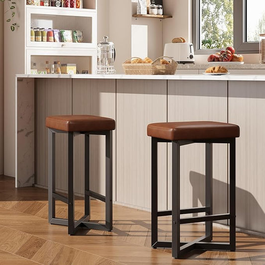 IDEALHOUSE Bar Stools Set of 2, 24.6" Counter Height Backless Barstools, Upholstered PU Leather Seats with Metal X-Frame & Footrest, Modern Kitchen Stools for Home Bar, Dining Room, Brown