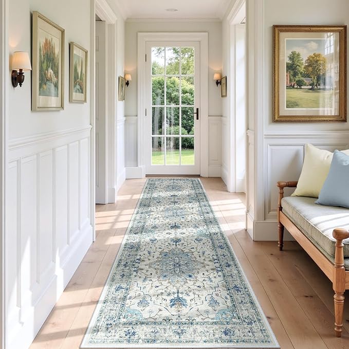 RELEANY Area Rugs 3'x9' Washable Non-Slip, Floral Vintage Distress Print Pattern Medallion Carpet for Living Room Bedroom Dining Room, Light Blue Navy Beige Gray White