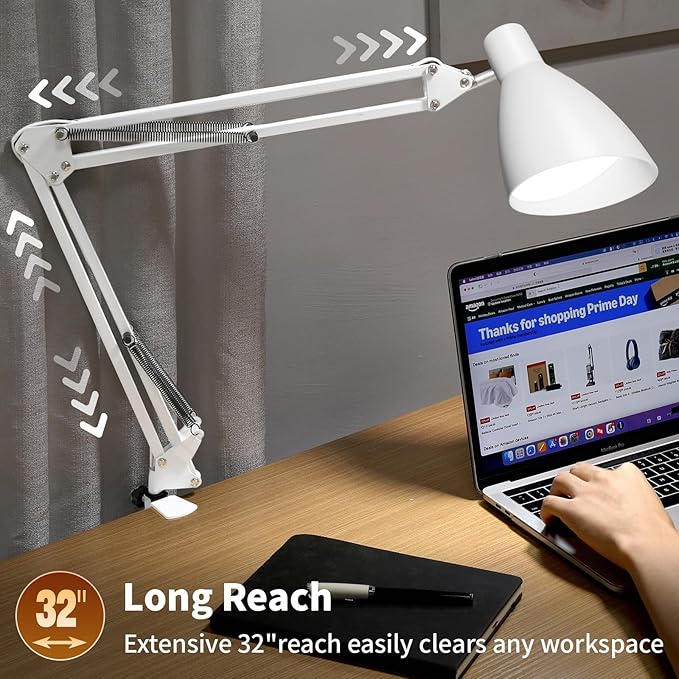 LED Desk Lamp with Clamp, 32" Architect Swing Arm Desk Lamp, Dimmable 5 Color Modes & 10 Brightness Task Light, Flexible Gooseneck Clip-on Table Lamps for Home Office Reading Nail Study Work, White