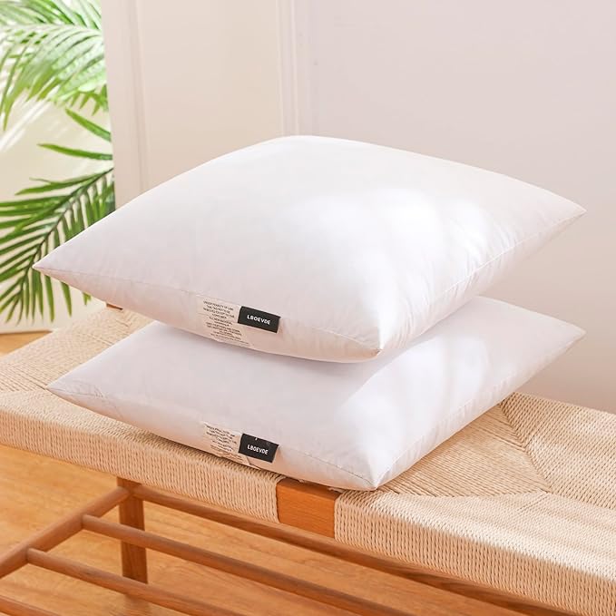 LBOEVDE 18x18 Inch Gold Goose Down and Feather Throw Pillow Inserts-2 Packs,White,Super Soft Cover,Double Layer Dwon Proof Design,High Filling Weight.