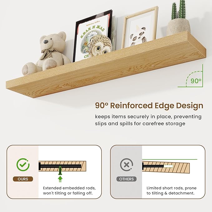 48in Floating Shelves for Wall, 48"W x 9.25"D x 1.25"H, 2 Pack Long Wall Mounted Engineered Wood Shelves with Invisible Brackets for Living Room, Bedroom, Bathroom, Kitchen Decor and Storage, Oak