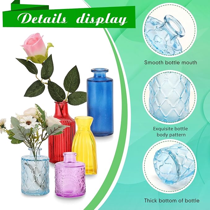 Yaomiao 30 Pcs Vases Bulk Colored Flower Glass Bud Vases Valentine Vintage Colored Glass Bottles Colorful Rustic Embossed for Home Wedding Table Decorations Gifts(Bright Color)