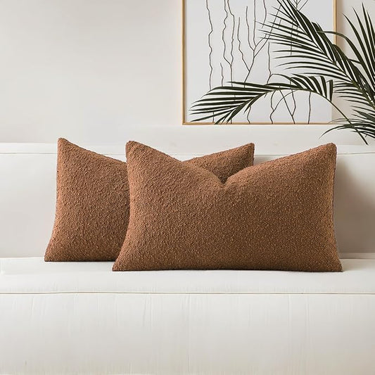 HAUSSY Set of 2 12x20 Decorative Throw Pillow Covers, Soft Cozy Textured Boucle Lumbar Pillow Cases, Home Decor for Couch Bed Living Room, Tobacco
