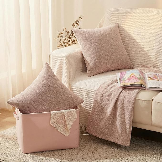 Set of 4 Blush Pink Throw Pillow Covers 18x18 Inch, Neutral Boho Farmhouse Aesthetic Decorative Pillow Cases for Couch, Sofa, Living Room & Bed, Chenille Pillow Cases, Stylish Home Decor, 45x45 cm
