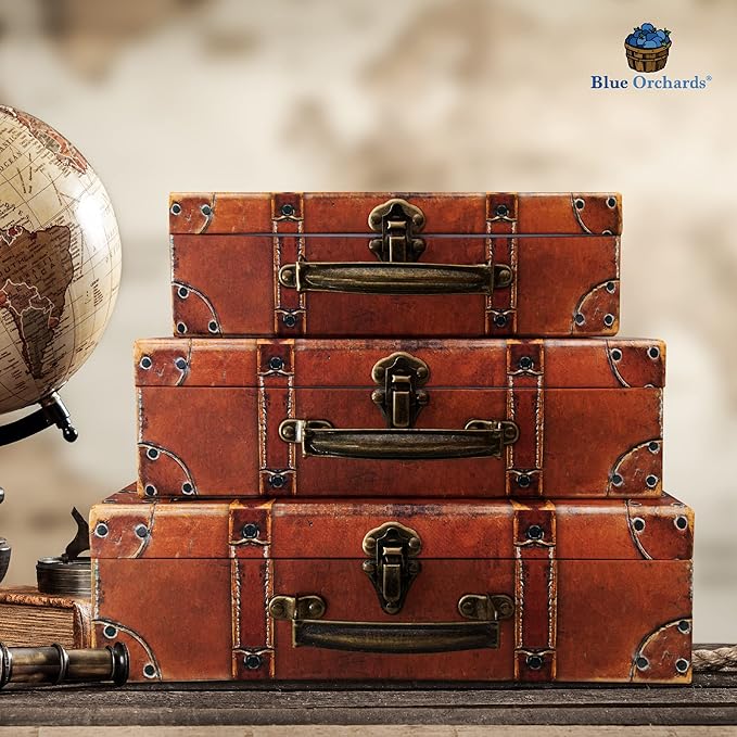 Blue Orchards Decorative Travel-Themed Paperboard Boxes (Set of 3) – Small Suitcase-Style Storage for Keepsakes, Mementos, Miniature Prop-Style Luggage | Largest Suitcase is 12'' L x 8'' W x 3.5'' H