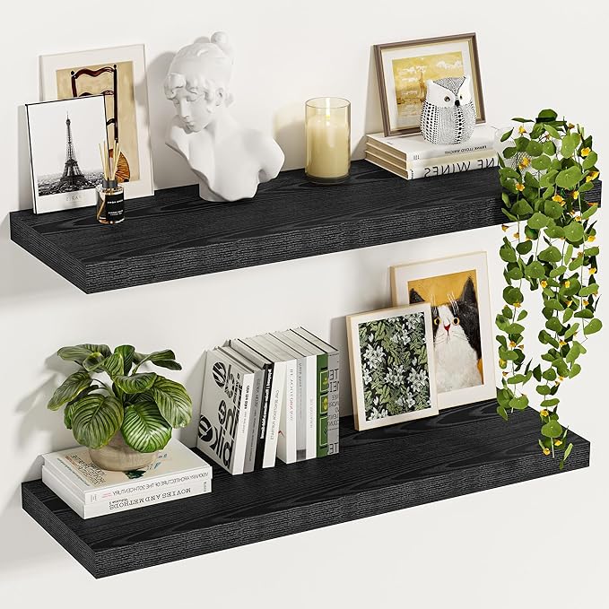 Vivelove Black Floating Shelves 35.4 Inches Wide, 12" Deep Wall Shelves for Bedroom, Bathroom, Living Room, Kitchen, Office, Rustic Home Decor Shelf with Invisible Brackets, 35.4X12X1.5, Set of 2