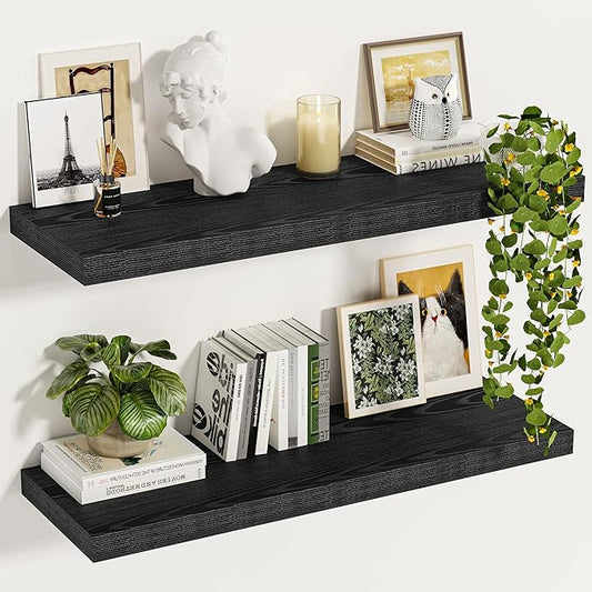 Vivelove Black Floating Shelves 35.4 Inches Wide, 12" Deep Wall Shelves for Bedroom, Bathroom, Living Room, Kitchen, Office, Rustic Home Decor Shelf with Invisible Brackets, 35.4X12X1.5, Set of 2