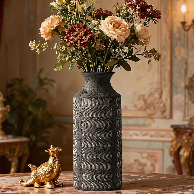 Black Vintage Vase - 11 in Ceramic Decorative Vase - Tall Flower Vase for Home Decor - Table Pedestal Cylinder Bud Vases for Centerpieces - Decoration Farmhouse Vase by Lyeec