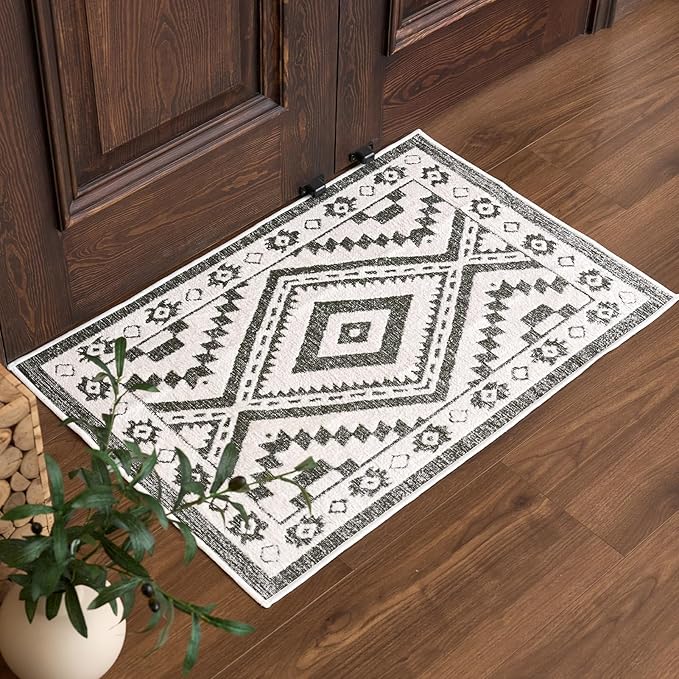 RAMEFILD Moroccan Washable Entryway Rug 2x3, Geometric Woven Area Rug, Non-Slip Boho Accent Soft Low-Pile Front Door Mat Indoor Entrance, Small Throw Rug for Bathroom Front Porch, Olive Green/White