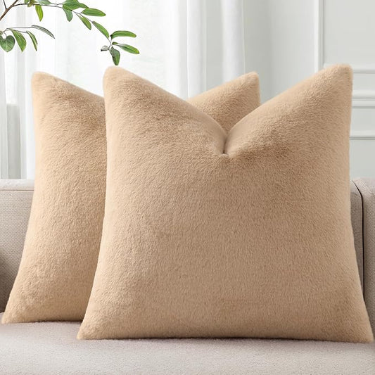 Pallene Faux Fur Plush Throw Pillow Covers 20x20 Set of 2, Soft Fluffy Couch Pillow Covers for Living Room, Khaki