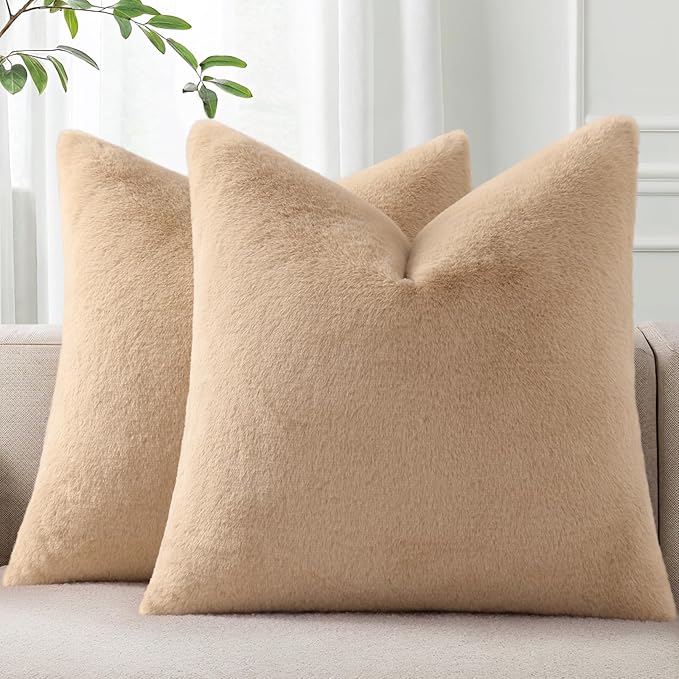 Pallene Faux Fur Plush Throw Pillow Covers 22x22 Set of 2, Soft Fluffy Couch Pillow Covers for Living Room, Khaki